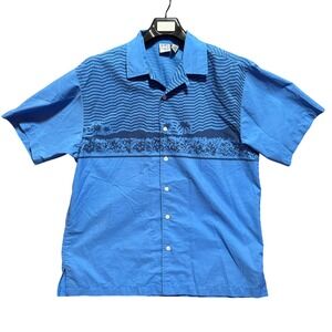Vintage OP Ocean Pacific Men Medium Blue Palm Tree Hawaiian Shirt Hong Kong Made